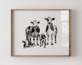 Cow Family of 4 Watercolor Art Print – Farm Animal Nursery Wall Decor