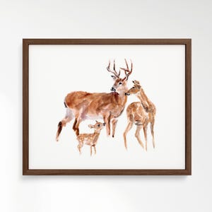 Deer Family of 3 (Two Big and One Small Deer) Woodland Animal Watercolor Art Print for Woodland Nursery