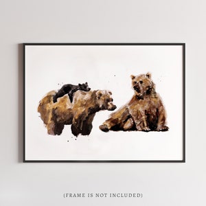 Bear Family of 3 (Two Big and One Small Bear) Woodland Animal Watercolor Art Print for Woodland Nursery