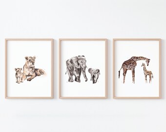 Safari Animal Watercolor Prints: Mother and Baby Art, Nursery Decor