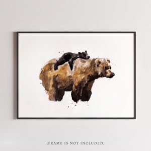 Mama Bear and Baby Bear Watercolor Art Print for Woodland Nursery