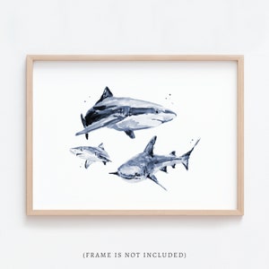 Shark Family of 3 (Two Big and One Small Shark) Ocean Animal Watercolor Art Print for Nautical Nursery