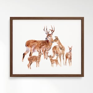 Deer Family of Five (Two Big and Three Small Deer) Woodland Animal Watercolor Art Print for Woodland Nursery