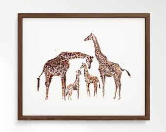 Giraffe Family of 4 (Two Big and Two Small Giraffe) Watercolor Art Print for Jungle Nursery