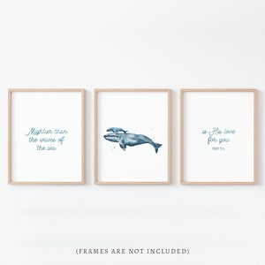 Mightier Than The Waves Of The Sea Psalm 93:4 Whale Watercolor Print Set for Nautical Nursery, Bible Verse Print