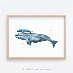 Whale and Baby Whale Nursery Watercolor Art Print for Nautical Nursery