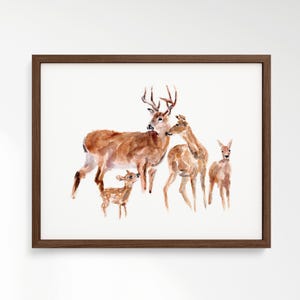 Deer Family of Four (Two Big and Two Small) Woodland Animal Watercolor Art Print for Woodland Nursery