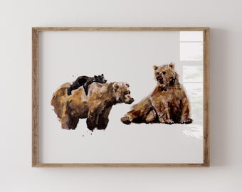 Bear Family of 3 Watercolor Art Print – Woodland Animal Nursery Wall Decor