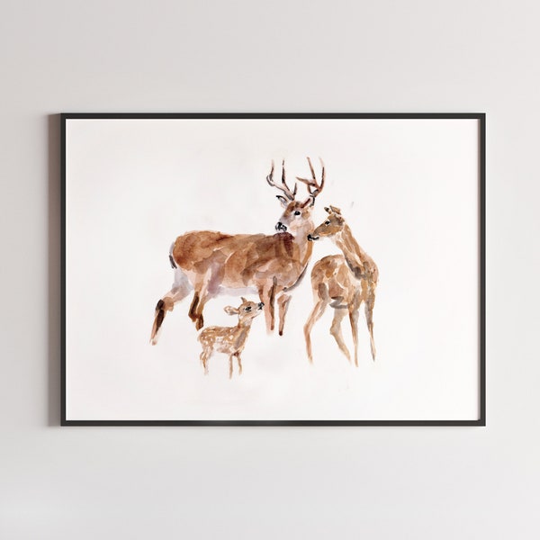 Deer Family with One Baby Deer Digital Download Watercolor Art Print for Woodland Nursery