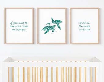 Count All the Waves in the Sea Sea Turtle Watercolor Print Set for Ocean Nursery Baby Shower Gift
