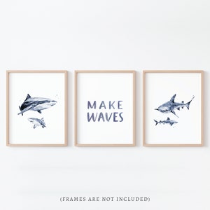 Make Waves Watercolor Shark Art 3 Print Set for Beach Nursery or Ocean Nursery