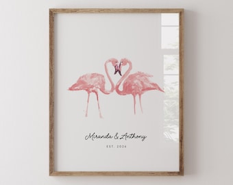 Stampa artistica personalizzata con coppia di fenicotteri in acquerello
