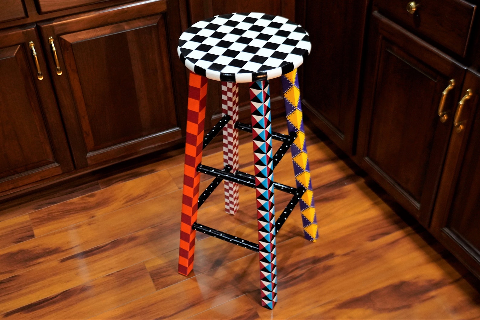 Hand Painted Bar Stool Checkerboard Colorful Bright | Etsy