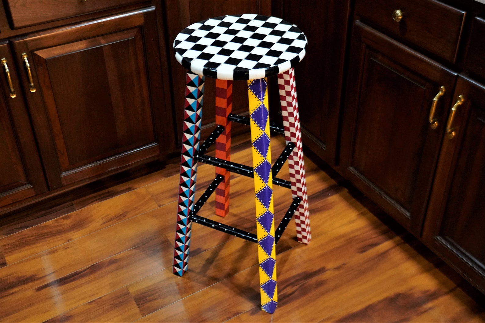 Hand Painted Bar Stool Checkerboard Colorful Bright | Etsy
