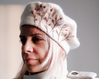 Hand Embroidered Wool Beret: Ecru French Hat with Flowers