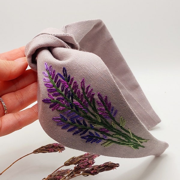 Lavender Hand Embroidered Headband, Floral Lilac Linen Knotted Women's Hair Accesorrie, Gift for bridesmaid