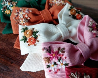 Custom Hand Embroidered Hair Bow, Floral Bow Barette, Handmade Linen Hair Clip, Personalized Hair Accessory for Girls