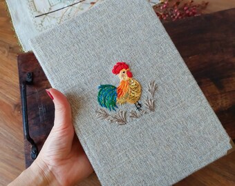Village Rooster Hand Embroidered Notebook, Personalized Floral Journal, Fabric Cover Handmade Vintage Notebook