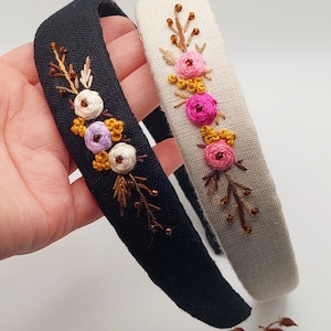 Floral Embroidered Linen Headband: Beaded Boho Hair Accessory