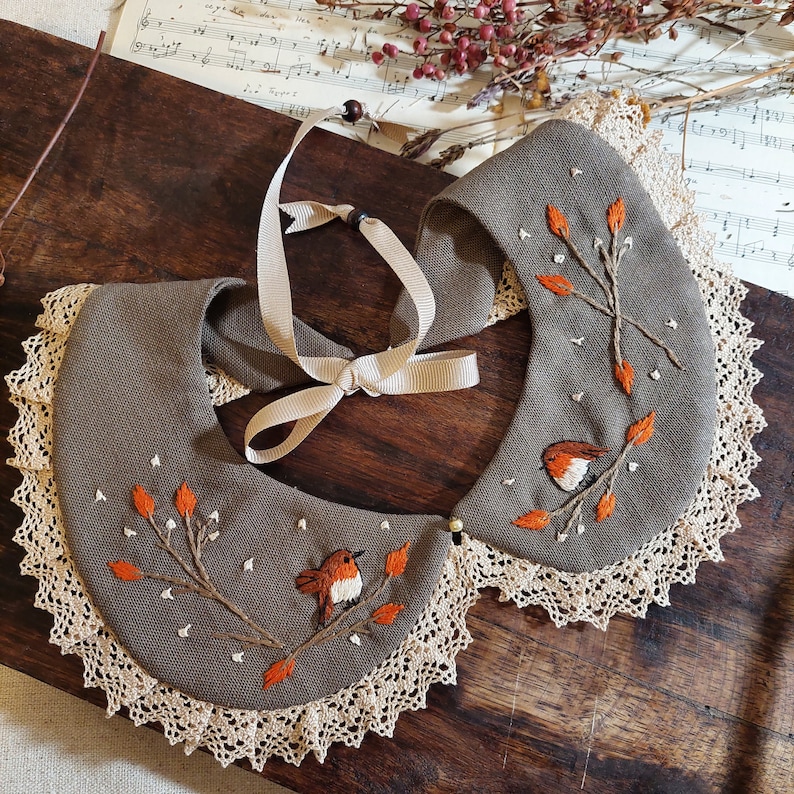 Hand Embroidered Collar, Detachable Collar with Robin Bird, Linen Vintage Collar, Handmade Peter Pan Collar, Bohemian Wear Accessory image 1