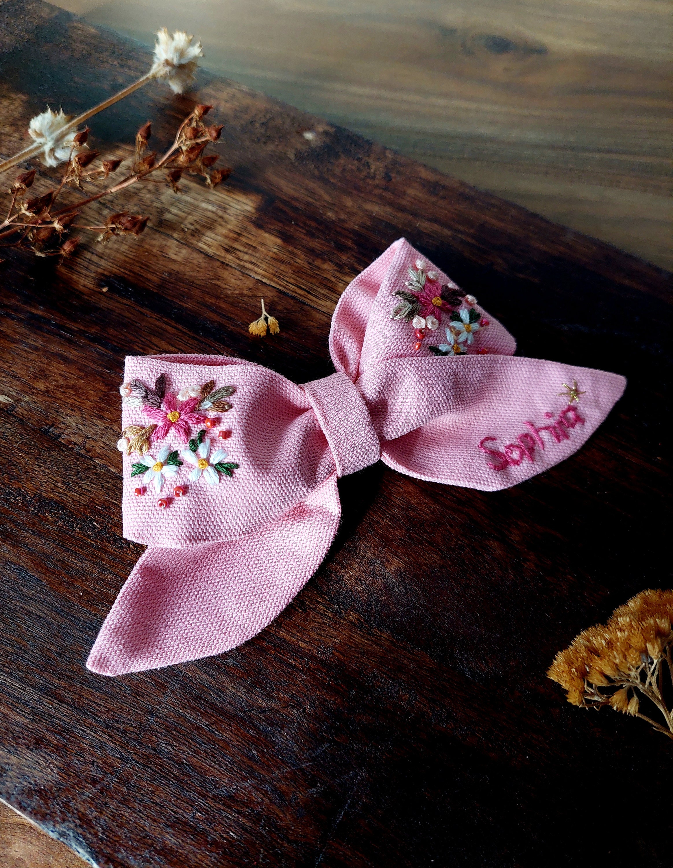 COPY - Floral Print Bow Cottagecore Headband Handmade Linen Hair Bow: Floral Embroidered Initial Clip - Etsy main image 2