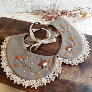 Hand Embroidered Collar, Detachable Collar with Robin Bird, Linen Vintage Collar, Handmade Peter Pan Collar, Bohemian Wear Accessory image 3