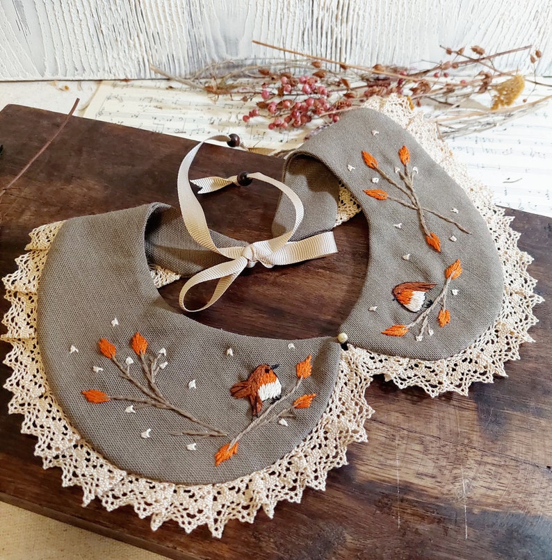 Hand Embroidered Collar, Detachable Collar with Robin Bird, Linen Vintage Collar, Handmade Peter Pan Collar, Bohemian Wear Accessory image 3