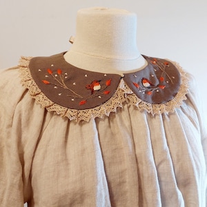 Hand Embroidered Collar, Detachable Collar with Robin Bird, Linen Vintage Collar, Handmade Peter Pan Collar, Bohemian Wear Accessory image 6