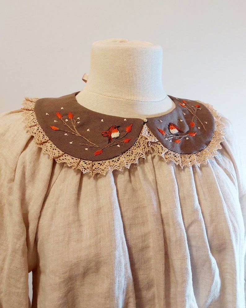 Hand Embroidered Collar, Detachable Collar with Robin Bird, Linen Vintage Collar, Handmade Peter Pan Collar, Bohemian Wear Accessory image 6