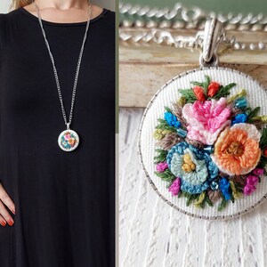 Floral and Bead Hand Embroidered Jewellry, Vintage, Colorful Rose Embroidery Necklace, Gift for Women image 4