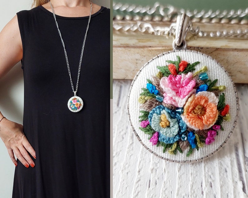 Floral and Bead Hand Embroidered Jewellry, Vintage, Colorful Rose Embroidery Necklace, Gift for Women image 4