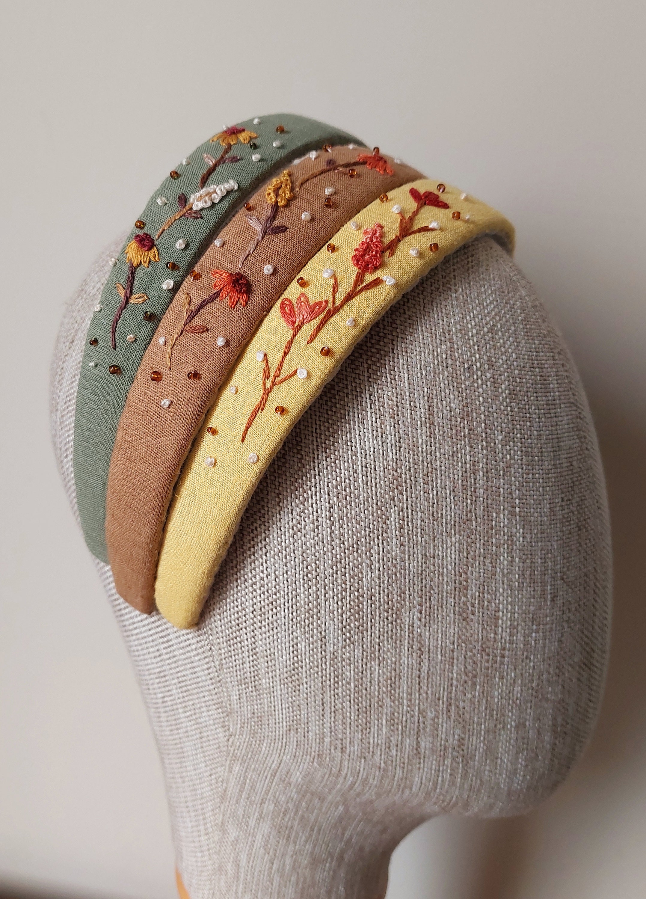 Floral, Beaded Hand Embroidered Linen Headband, Boho Vintage