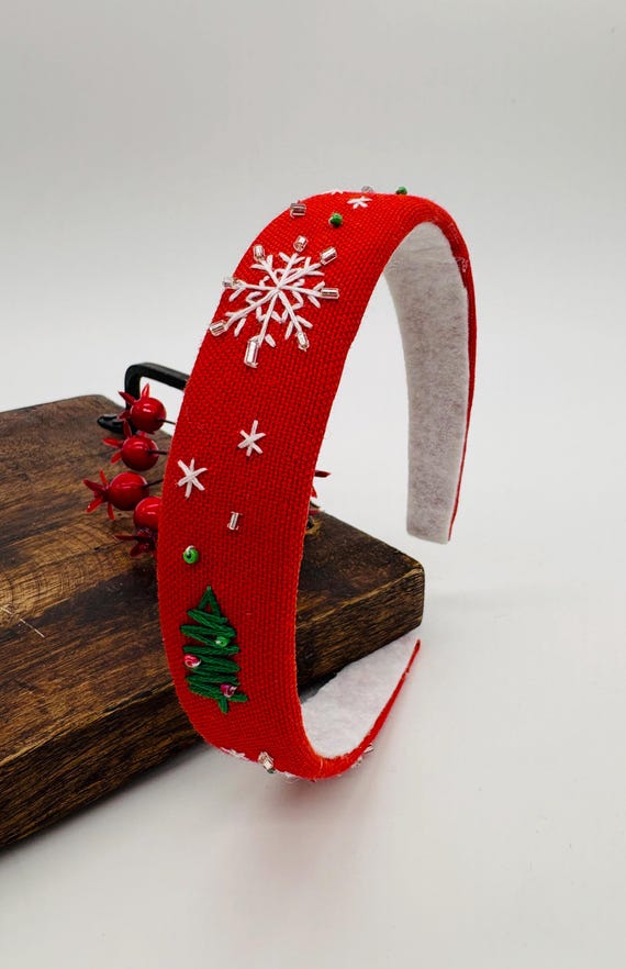 Holiday Red Headband Red Beaded Headband | Holiday Cotton Accessory | Mud Pie main image 2