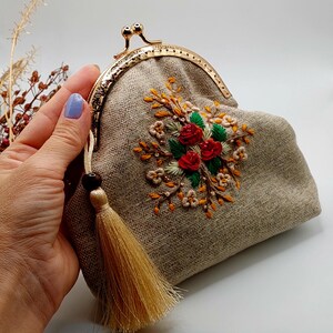 Portefeuille brodé de fleurs en lin, porte-monnaie fait main, cadeau pour femme