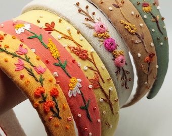 Floral Embroidered Linen Headband: Beaded Boho Hair Accessory