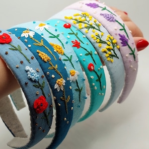 Hand Embroidered Linen Headband: Beaded Floral Boho Hair Accessory