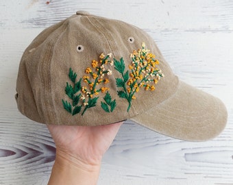 Hand Embroidered Floral Hat, Baseball Cap with Mimosa Flower, Colorful Spring Summer Women Hat, Gift for Girls