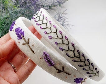 Lavender Embroidered Headband, Handmade Vintage Hair Band, Off-White Linen Hair Accessories