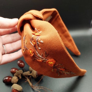 Cinnemon Hand Embroidered Headband, Fall Leaves Floral Linen Knotted Women's Hair Accesorrie, Autumn Gift