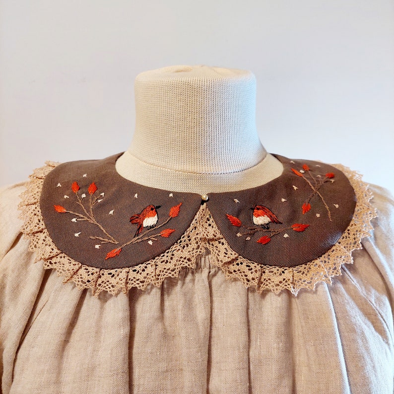 Hand Embroidered Collar, Detachable Collar with Robin Bird, Linen Vintage Collar, Handmade Peter Pan Collar, Bohemian Wear Accessory image 8