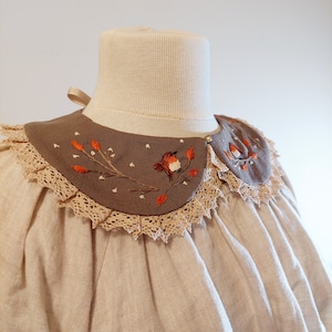 Hand Embroidered Collar, Detachable Collar with Robin Bird, Linen Vintage Collar, Handmade Peter Pan Collar, Bohemian Wear Accessory image 5