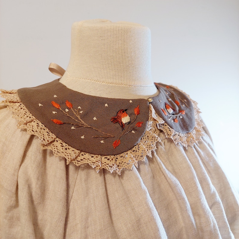 Hand Embroidered Collar, Detachable Collar with Robin Bird, Linen Vintage Collar, Handmade Peter Pan Collar, Bohemian Wear Accessory image 5