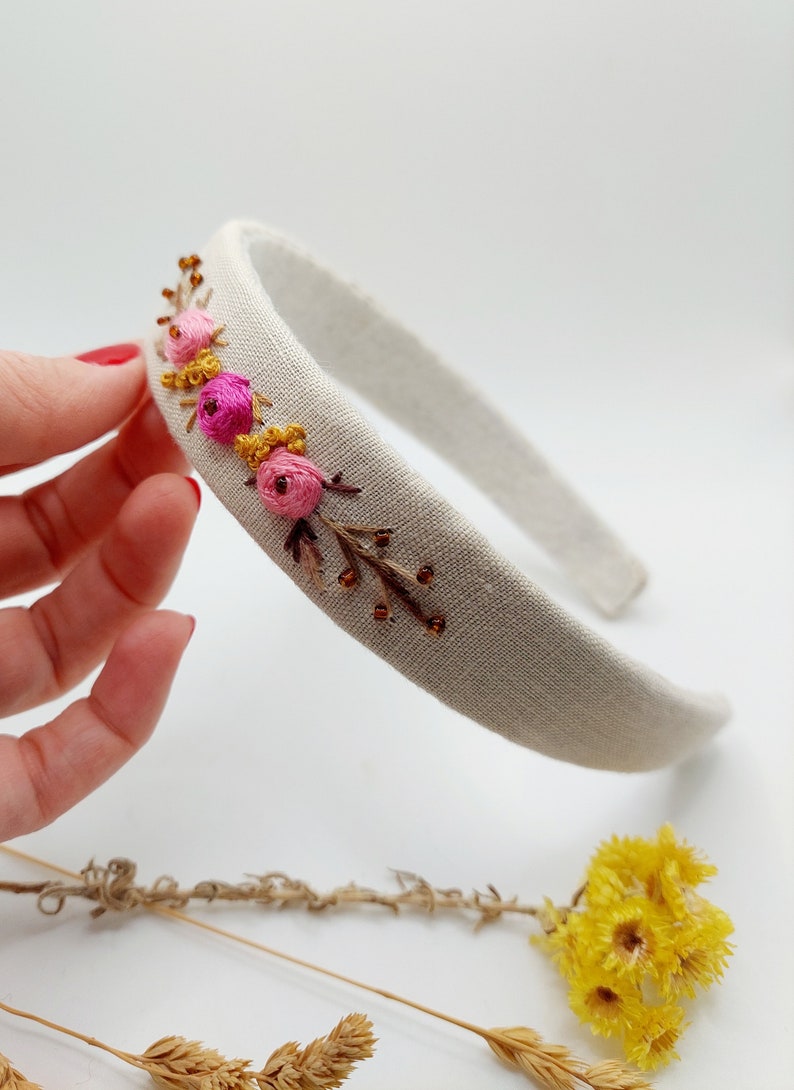 Floral, Beaded Hand Embroidered Linen HeadBand, Boho Vintage Hair Accessories, Colorful Spring Summer Collection, Gift for Women P4