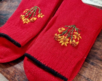 Hand Embroidered Wool Socks, Floral Warm Socks, Bohemian Accessories