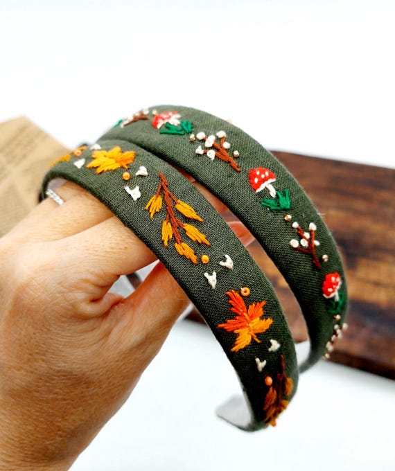Handmade Embroidered Linen Headband: Floral Fall Hair  display picture 3