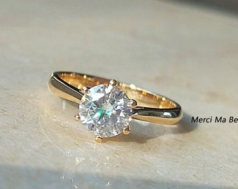 1CT Round Moissanite Ring, Solid Gold 6-Prong Engagement Ring