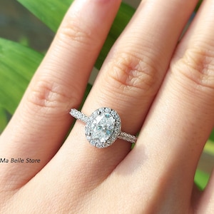 Oval Cut Moissanite Pave Halo Engagement Ring / 1CT Oval Cut Moissanite Pave Halo Ring/ Oval Shape Moissanite Halo Ring