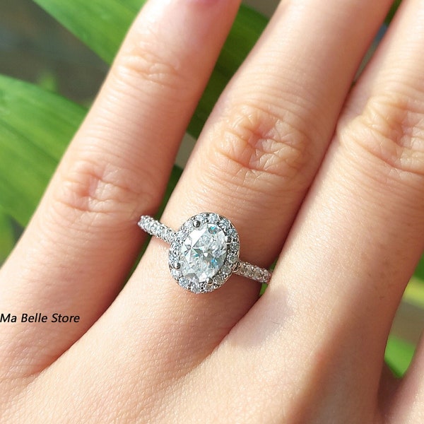 Oval Cut Moissanite Pave Halo Engagement Ring / 1CT Oval Cut Moissanite Pave Halo Ring/ Oval Shape Moissanite Halo Ring
