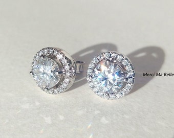 Moissanite Halo Stud Earrings, Platinum over Sterling Silver, 0.5CT or 1CT