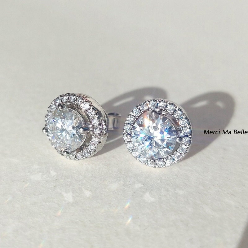 Moissanite Stud Earrings 925 Sterling Silver Round Halo Bridal Wedding Jewelry main image 1